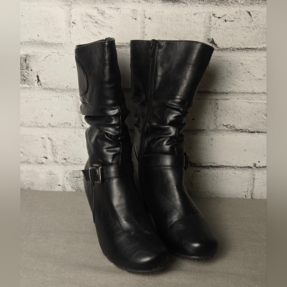 Women’s Black Winter Boots Faux Fur Lined Chunky Heel Zip Size 8